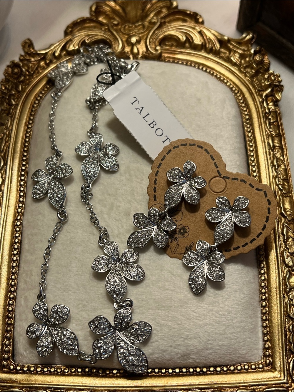 Talbots Silver-Tone Pave Floral Necklace and Stud Earrings - Silver